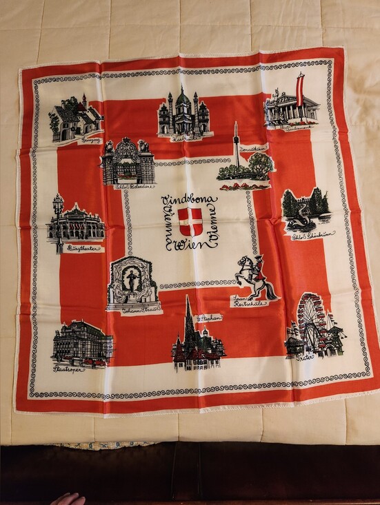 Vintage Accessories - Vintage Vienna Wein Scarf, Souvenir Landmarks, Austria, Travel, Red Black White